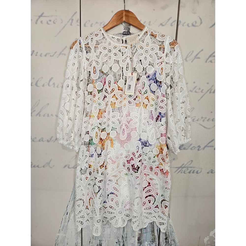 Johnny Was Lisetta Lace Mini Dress White Floral Guipure Womens Size M NEW